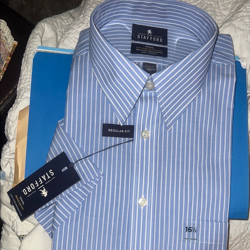 Stafford Classic Blue and White Striped Dress Shirt, 16 1/2, Short Sleeve NIP